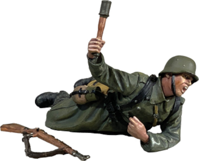 German Grenadier in Greatcoat Prone Throwing Grenade, 1942-45