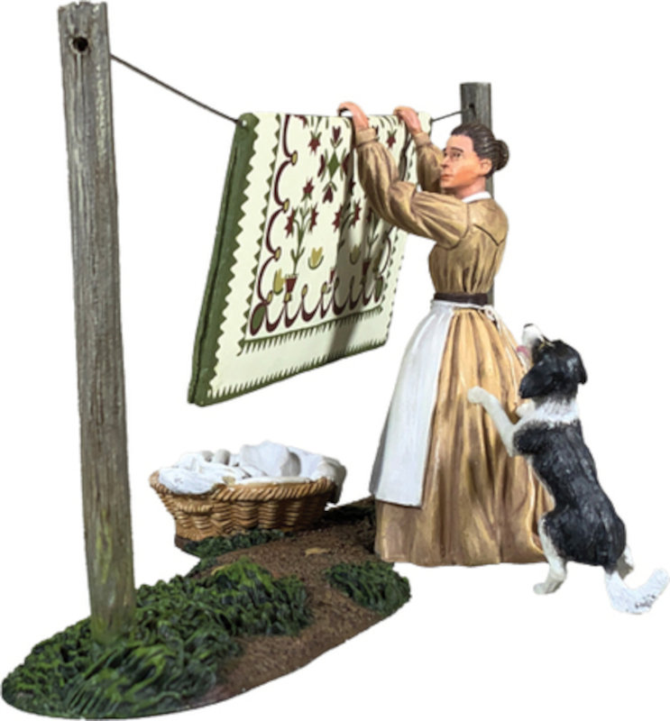 “You Are Really Not Helping!” Woman Hanging Quilt with Playful Dog, 1855-68